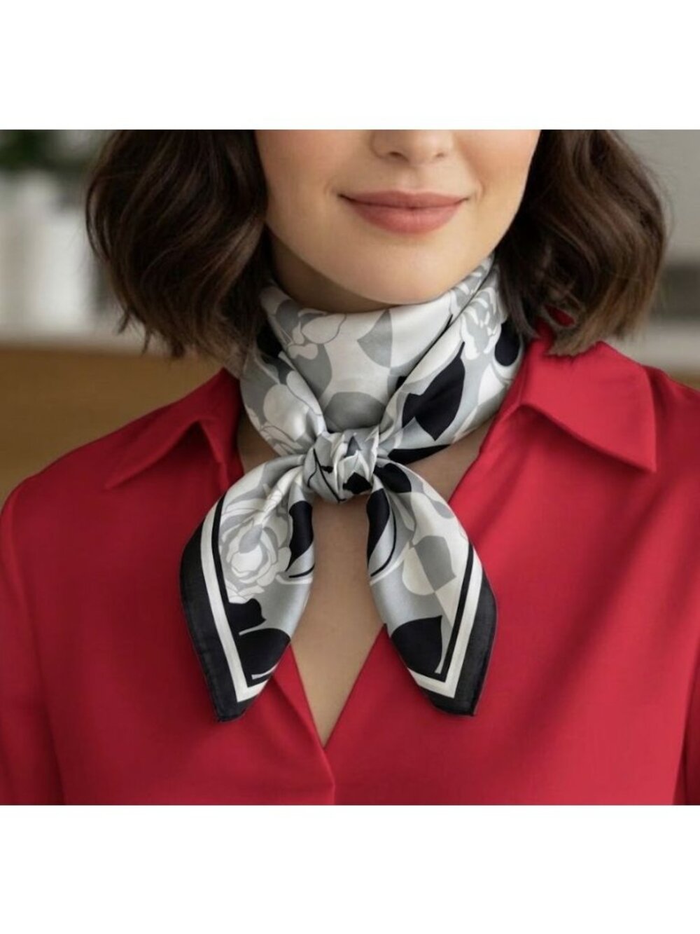 ⭐Elegant Geometric Floral Silky Satin Luxury Soft Scarf Bandana Gray White Hijab